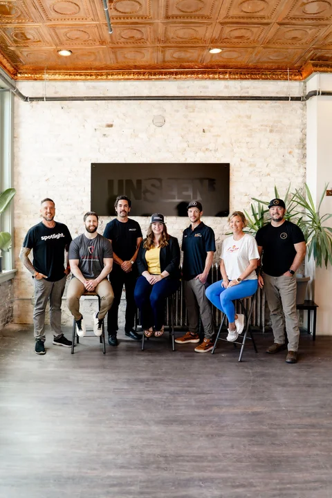 Paul Hoefer, Spotlight Media; Jory White, Guardian Property Management; CEO Than Baardson, Unseen; Senior Strategist of Philanthropy Marie Buchli, Unseen; Jeff Ostlund, Sandy's Donuts; Kristen Schneeberger, Light Pilates and Yoga; & David Reid, Radiant Homes, Unseen Guardians, Fargo, ND
